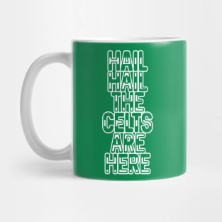 Hail Hail The Celts Are Here, Glasgow Celtic Football Club Green and White Striped Text Design Mug